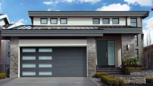 modern gray garage door with window panels