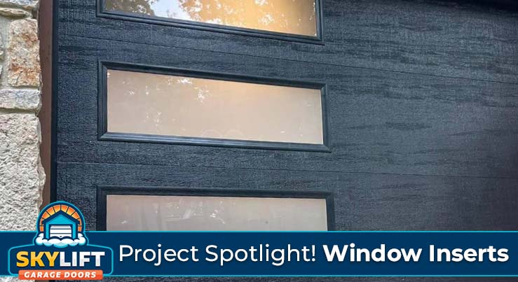 modern black garage door with frosted glass window inserts