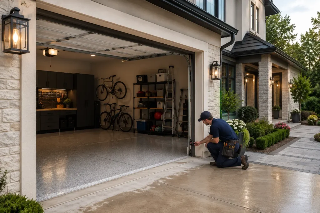 garage door sensor adjustment - skylift technician working on garage door