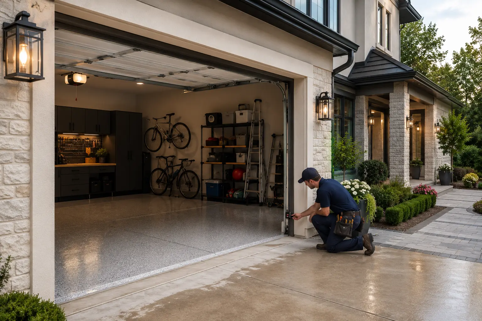 garage door sensor adjustment - skylift technician working on garage door